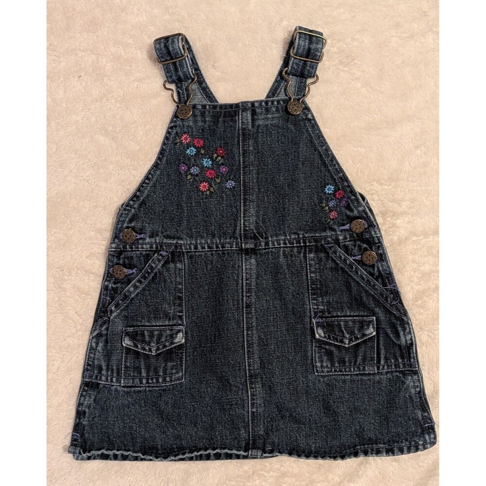 Vintage Oshkosh B'gosh Denim Embroidered Flowers Dress Size 2T 90s
